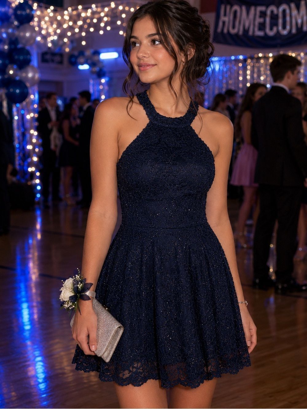B Darlin Sparkly Fit and Flare Lace Cocktail Dress Halter Neck Navy Blue 7/8